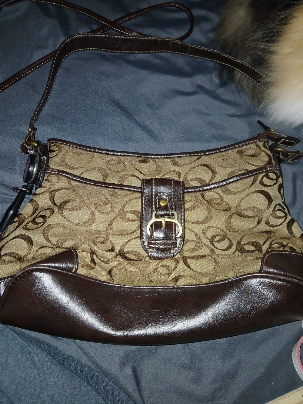 Tan Canvas Shoulder Bag with Dark Brown Leather Trim